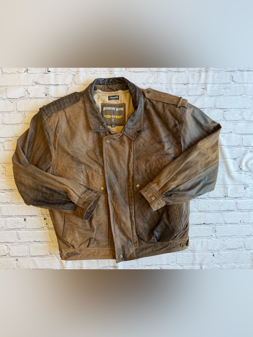 Vintage 1994 Brown Leather Bomber Jacket Thinsulate Lined XL Zip Adventure Bound
